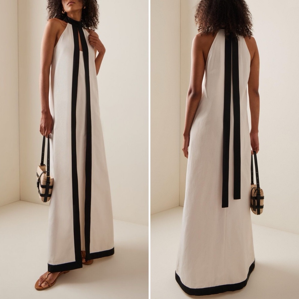 STAUD Sleeveless White Maxi Dress with Black Trim